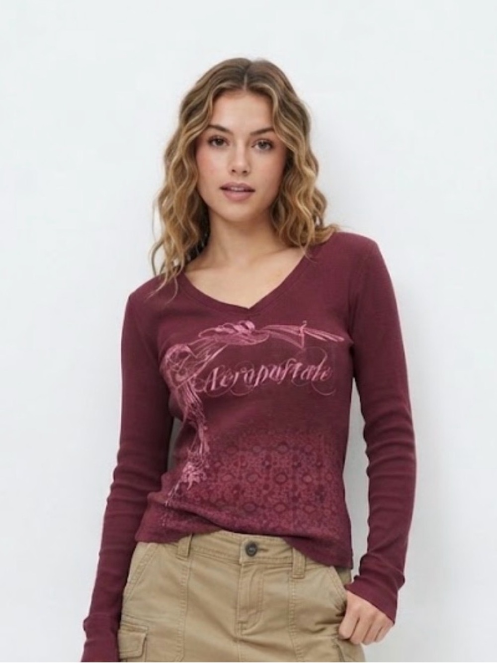 Vintage Aeropostale Maroon Burgundy Waffle Knit Long Sleeve Top XL Y2K Grunge